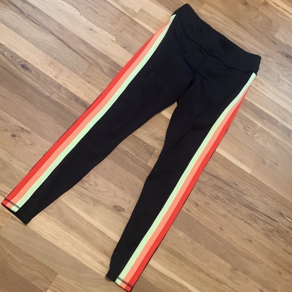 AVIA High Waist Elastic Waistband Leggings Black w/ Retro Side Stripe Women’s M